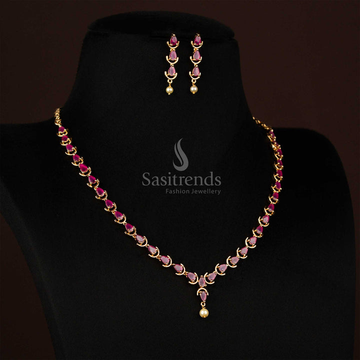 Guaranteed Micro Gold Plated American Diamond Ruby Stone with Pearl Necklace Jewellery Set