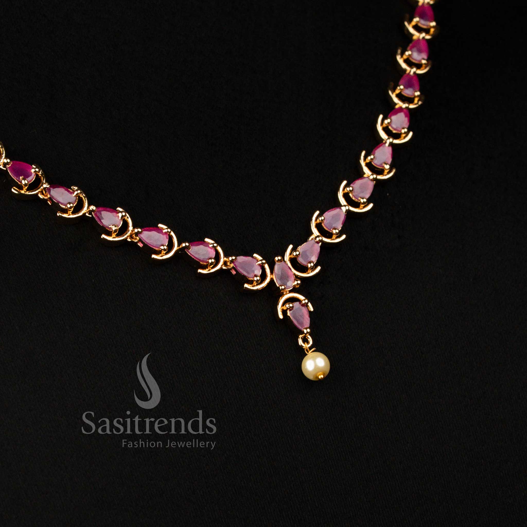 Guaranteed Micro Gold Plated American Diamond Ruby Stone with Pearl Necklace Set for Weddings
