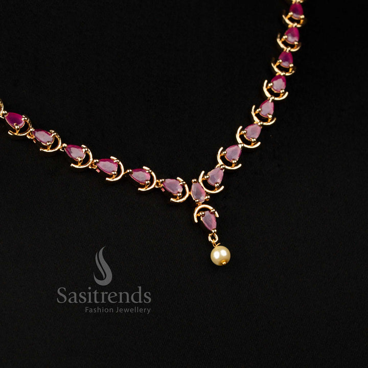 Guaranteed Micro Gold Plated American Diamond Ruby Stone with Pearl Necklace Set for Weddings