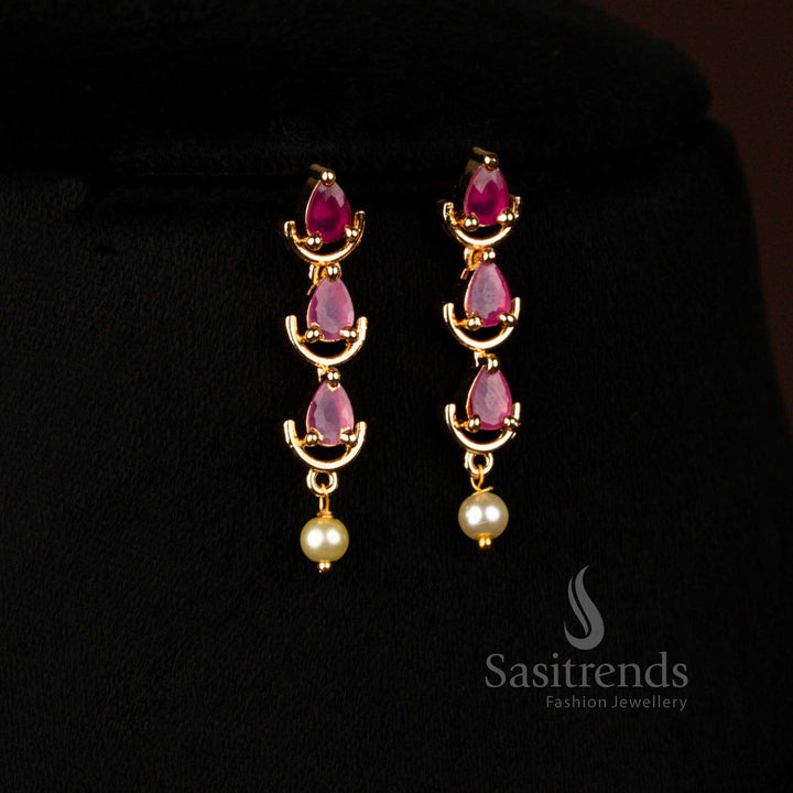 Guaranteed Micro Gold Plated American Diamond Ruby Stone with Pearl Necklace Set for Weddings