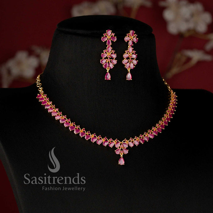 Guaranteed American Diamond Micro Gold Plated Tapered Drop Necklace Jewellery Set with Matching Designer Earrings, Look Like Real Gold - Sasitrends