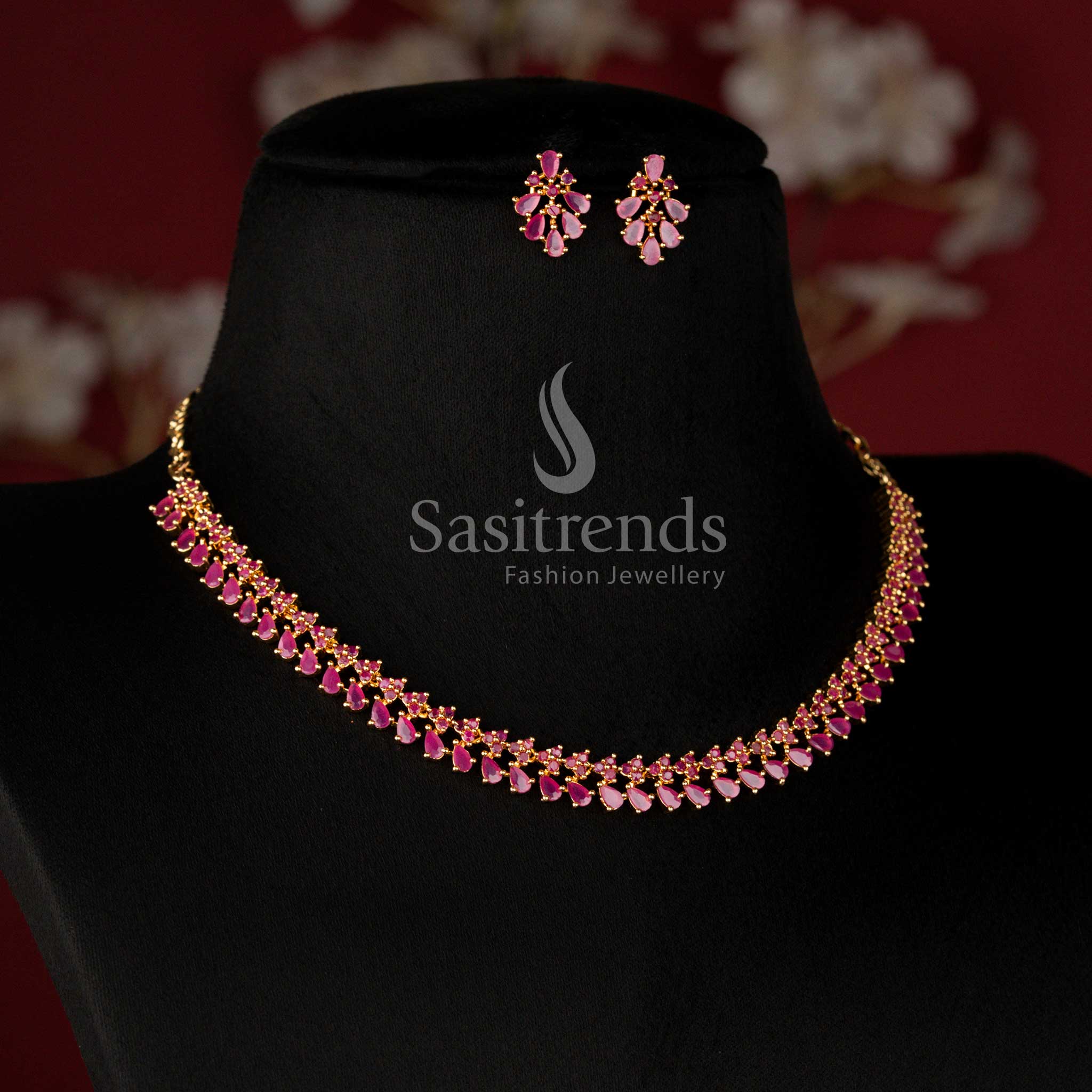 Guaranteed American Diamond Micro Gold Plated Designer Cluster Necklace Jewellery Set with Matching Stud Earrings, Look Like Real Gold - Sasitrends