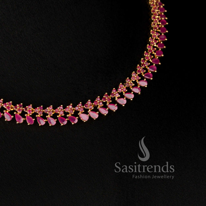 Guaranteed American Diamond Micro Gold Plated Designer Cluster Necklace Jewellery Set with Matching Stud Earrings, Look Like Real Gold - Sasitrends