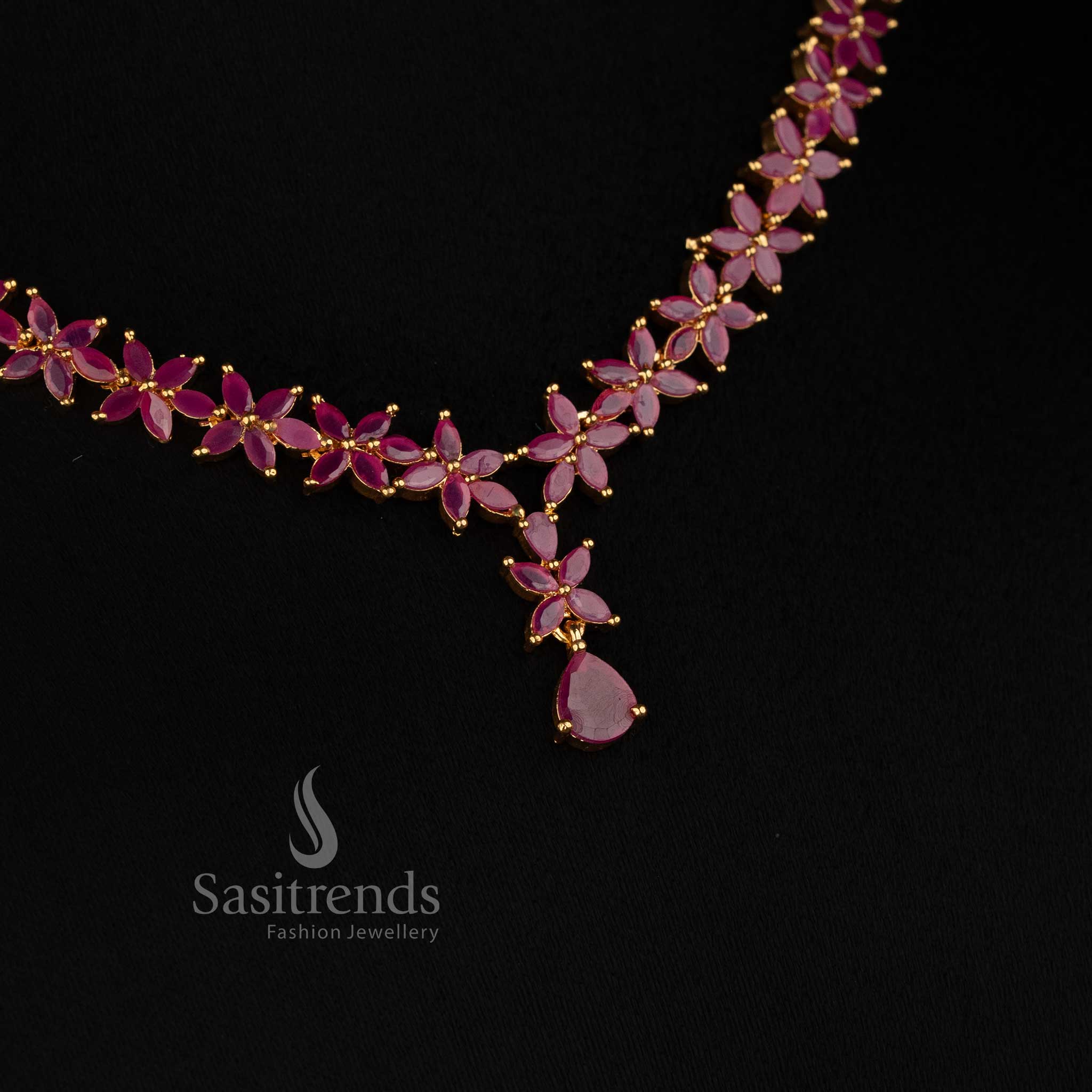 Elegant micro gold plated necklace set featuring royal ruby look Marquise American Diamond stones