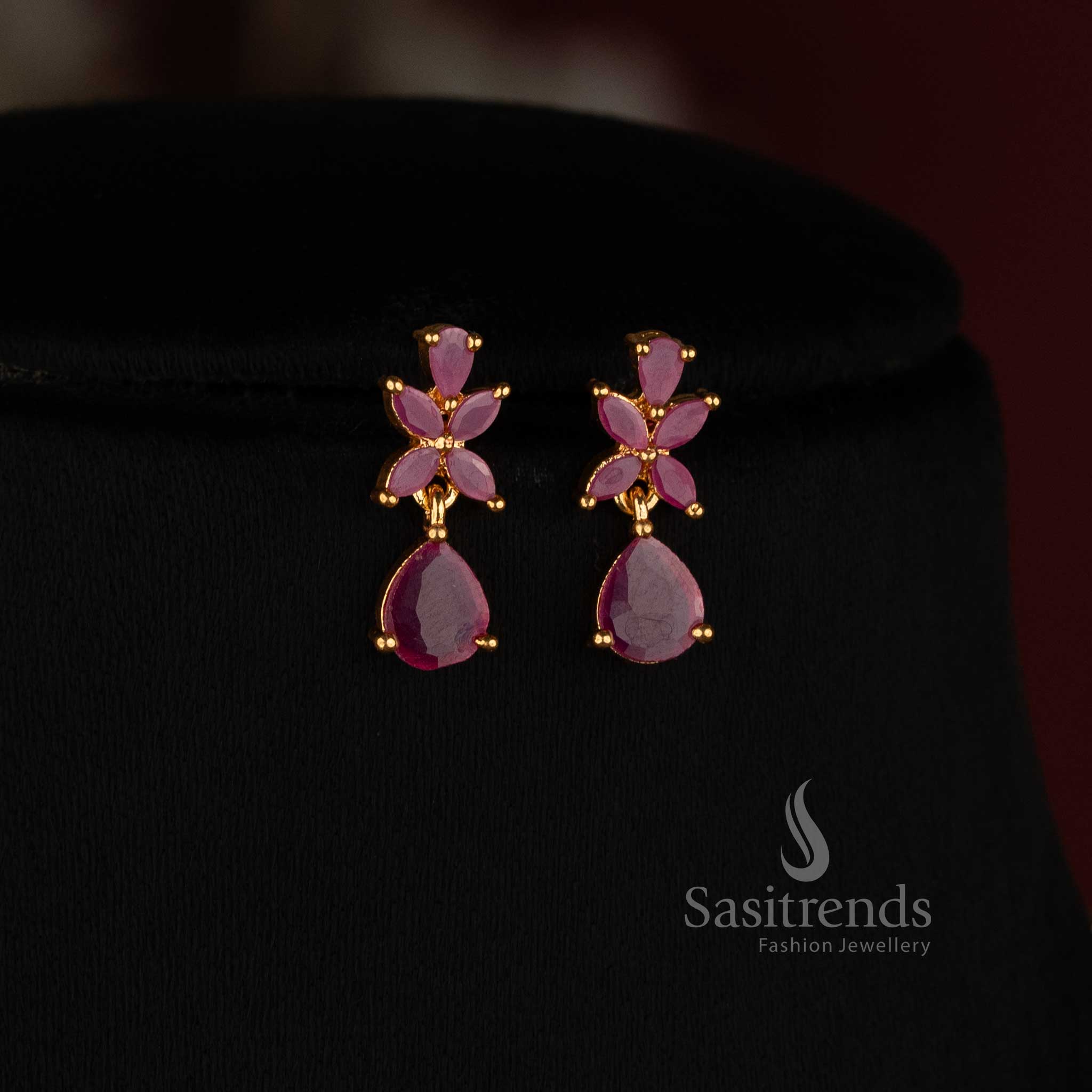 Premium Marquise American Diamond necklace set with ruby look stone detailing and micro gold plating by Sasitrends