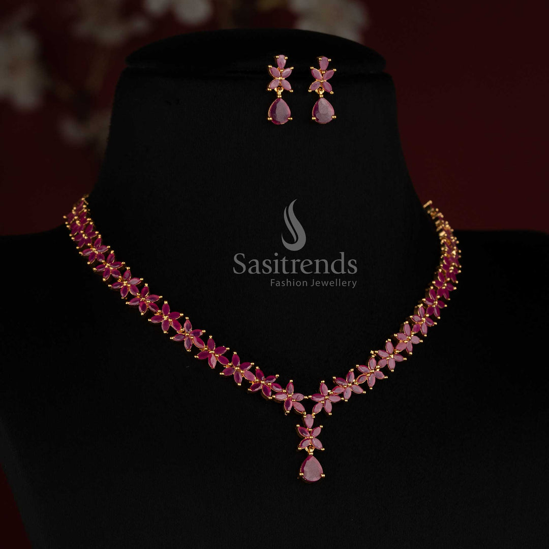 Stunning micro gold plated royal ruby look Marquise American Diamond necklace set for special occasions by Sasitrends