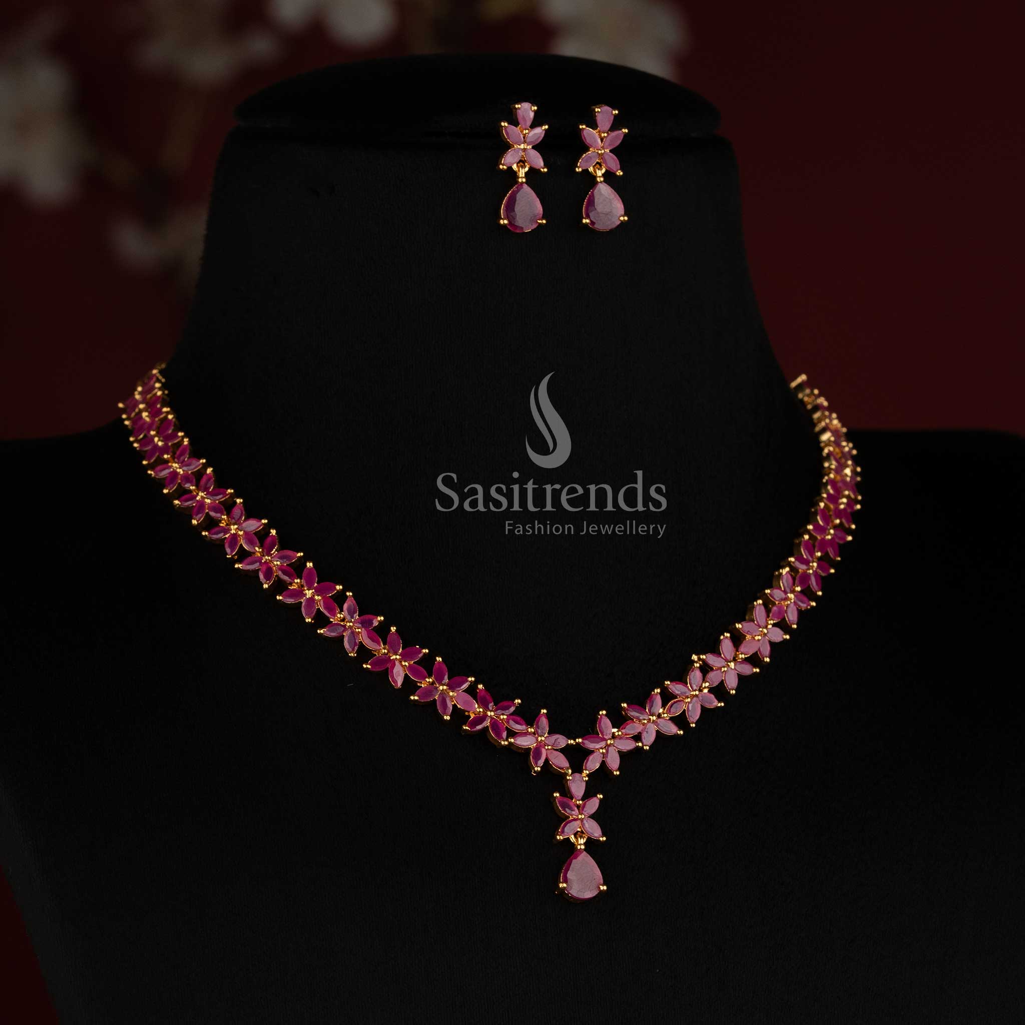 Stunning micro gold plated royal ruby look Marquise American Diamond necklace set for special occasions by Sasitrends