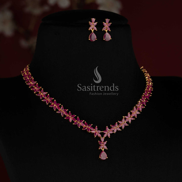 Stunning micro gold plated royal ruby look Marquise American Diamond necklace set for special occasions by Sasitrends