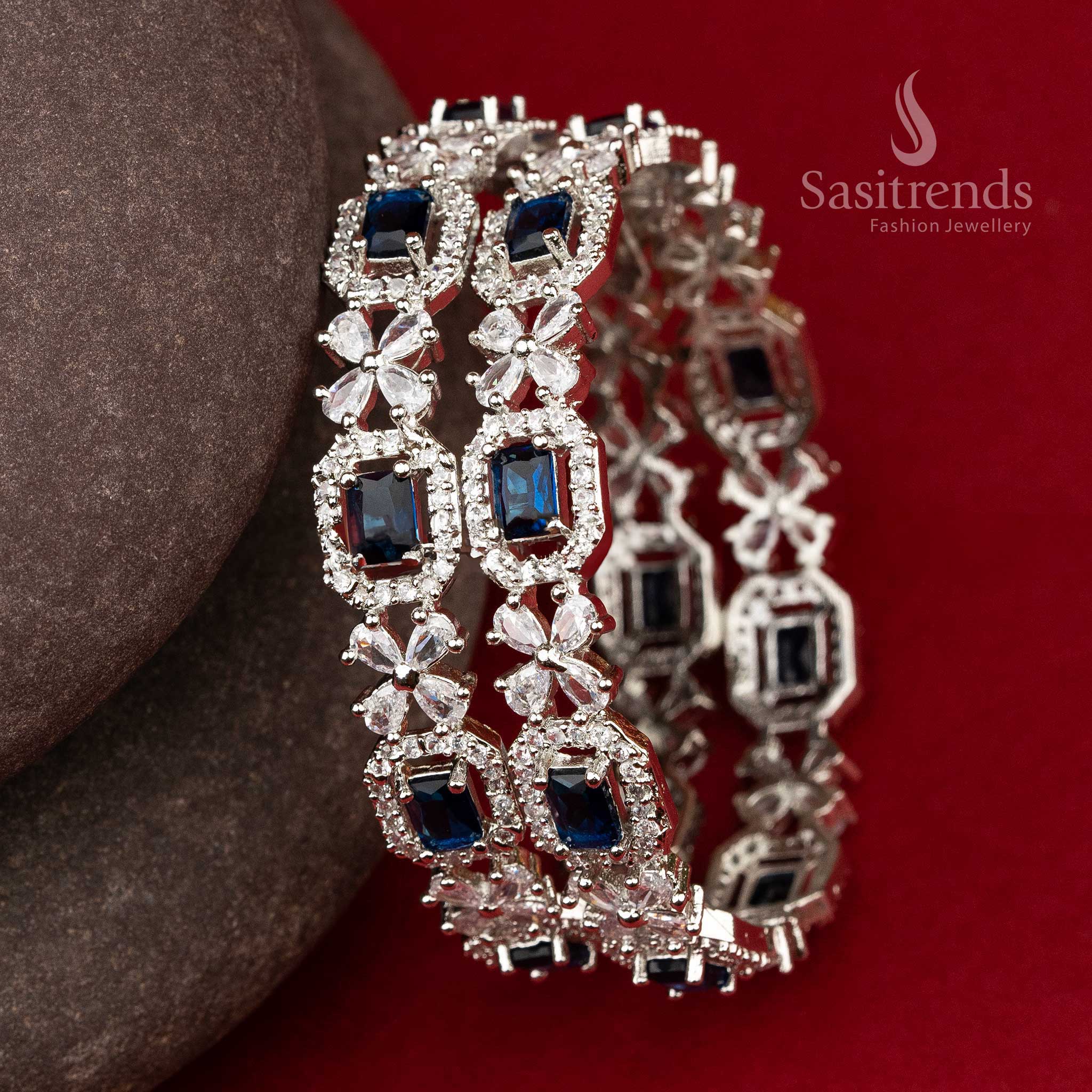 Bridal American Diamond Blue Stone Stud Rhodium Silver Bangles Sasitrends Online Shopping