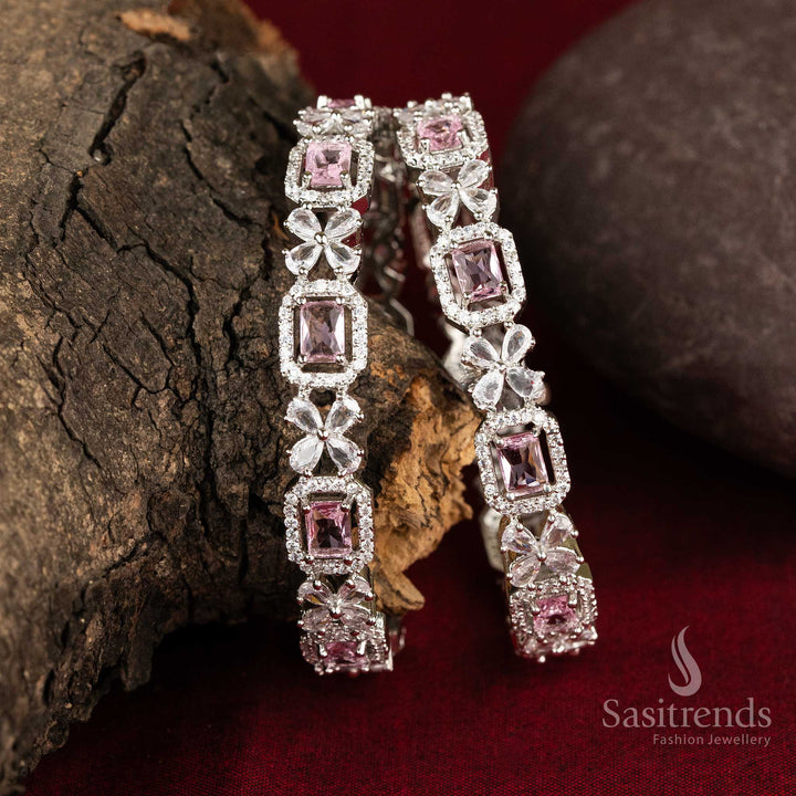 Glossy Pink Rectangle Stone Stud American Diamond Rhodium Silver Bangles Sasitrends Online Shopping
