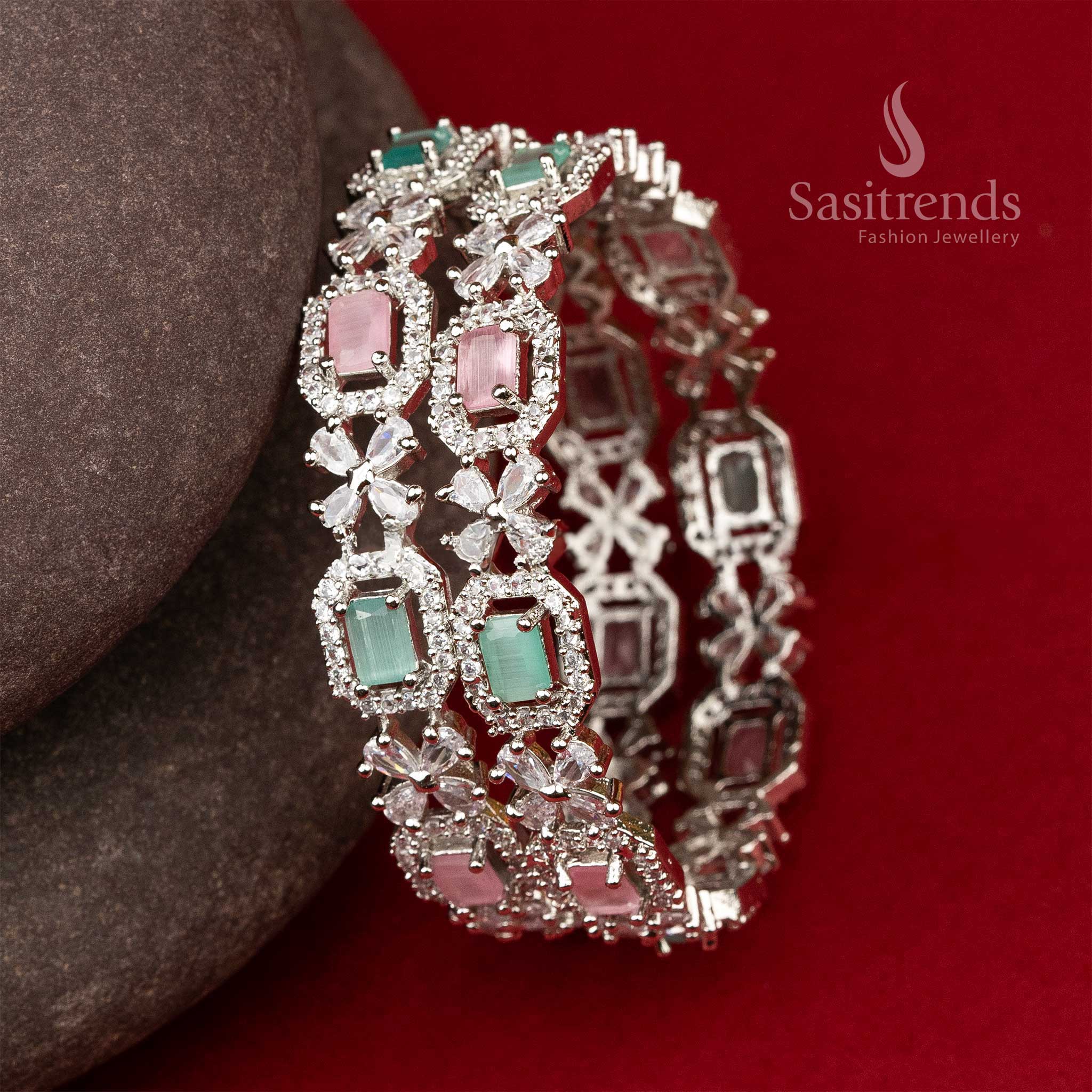 Elegant Rhodium Silver Plated Bangles with AD Stones and Floral Patterns - Sasitrends - Sasitrends