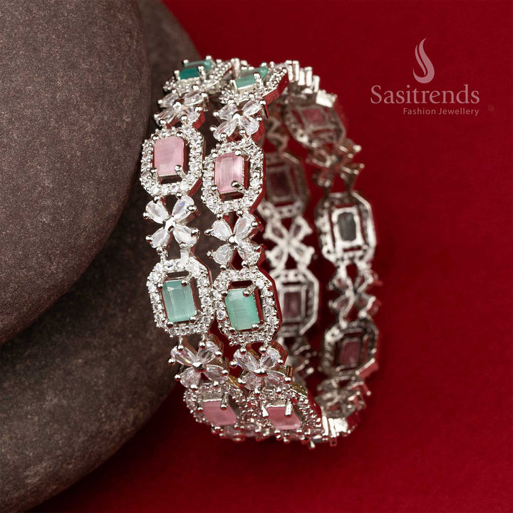 Elegant Rhodium Silver Plated Bangles with AD Stones and Floral Patterns - Sasitrends - Sasitrends