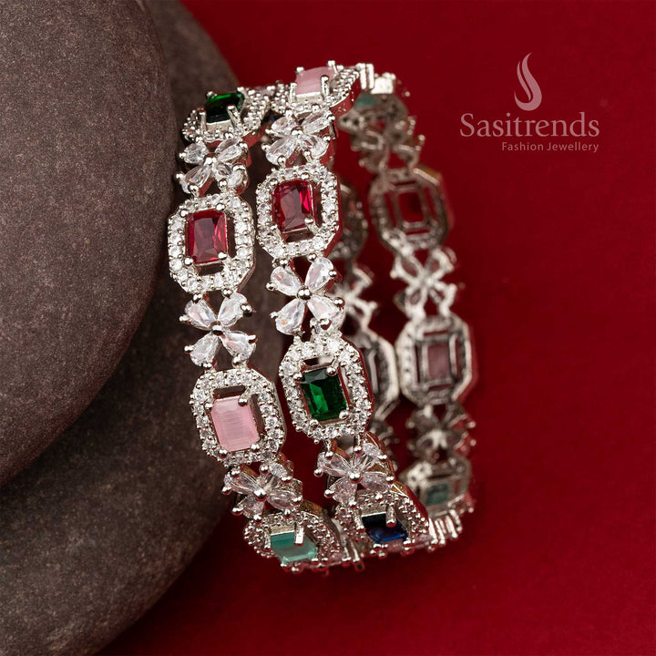 Multi Color Flower Designer American Diamond Rhodium Silver Bangles Sasitrends Online Shopping