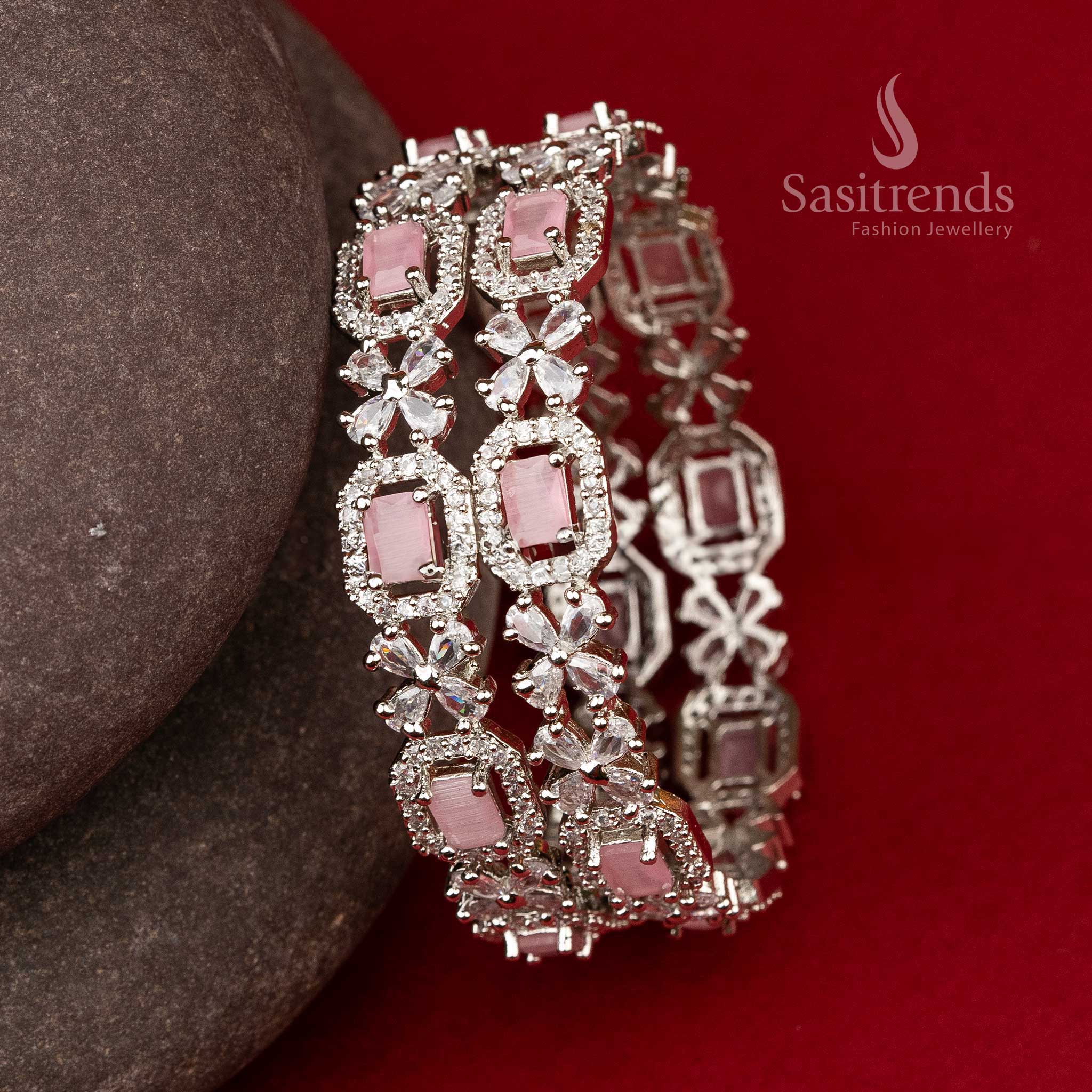 Bridal Elegance Pink AD Rhodium Silver Bangles Sasitrends Online Shopping