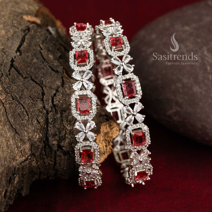 Red Rectangle Stone Stud American Diamond Rhodium Silver Bangles Sasitrends Online Shopping