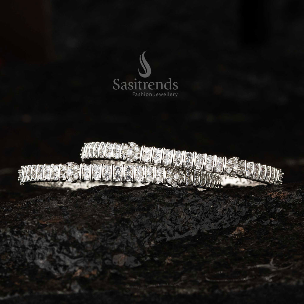 Stylish Round Bangles Studded With Sparkling American Diamond Stones And Intricate Flower Motifs, Perfect Jewellery For Women To Wear At Festive, Wedding And Party Occasions – Sasitrends