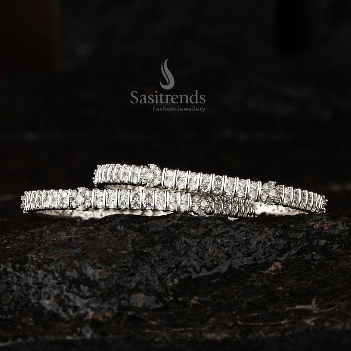 Stylish Round Bangles Studded With Sparkling American Diamond Stones And Intricate Flower Motifs, Perfect Jewellery For Women To Wear At Festive, Wedding And Party Occasions – Sasitrends