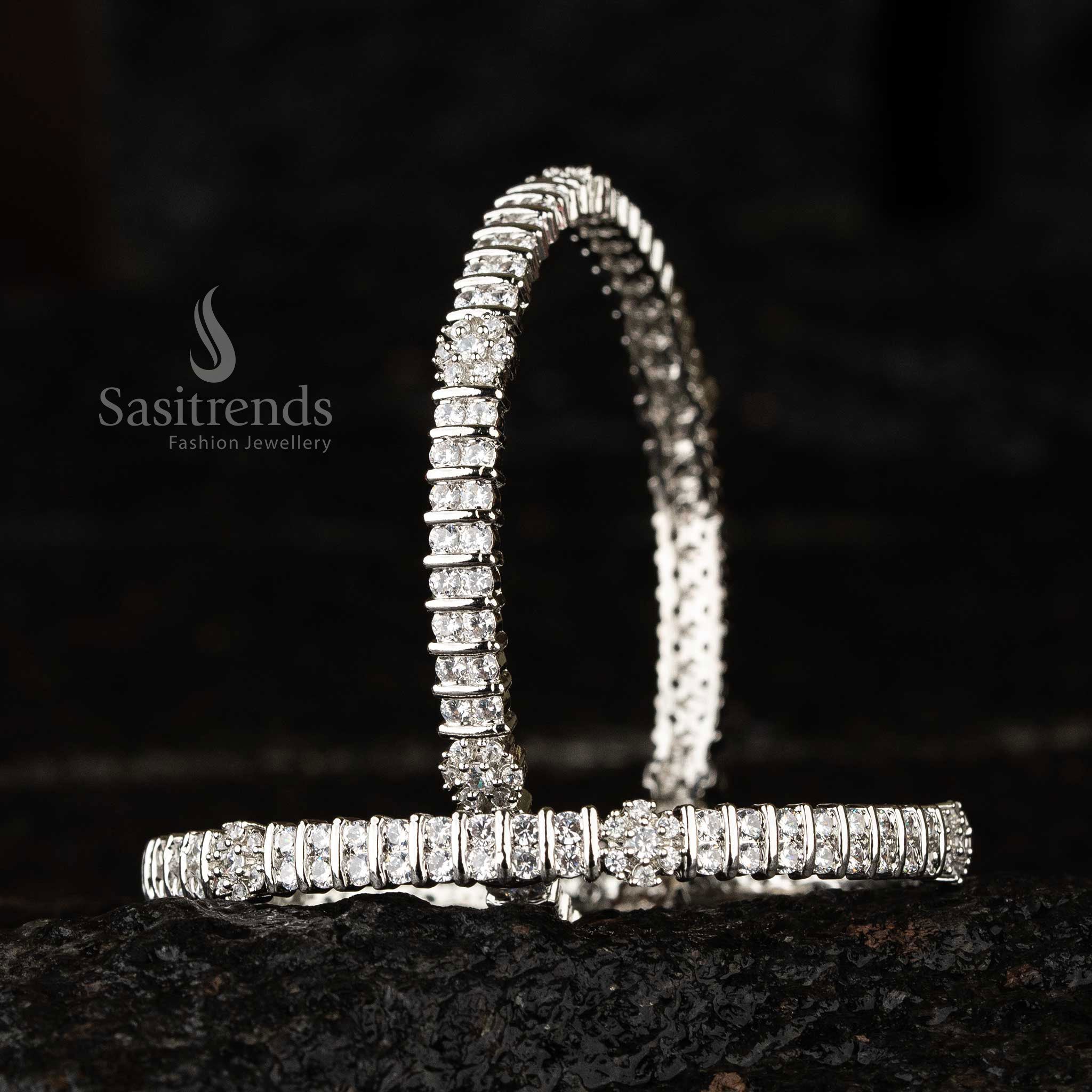 Elegant Round American Diamond Studded Bangles Featuring Delicate Flower Motif Design, Perfect Traditional And Party Wear Jewellery For Women’s Festive And Wedding Outfits – Sasitrends