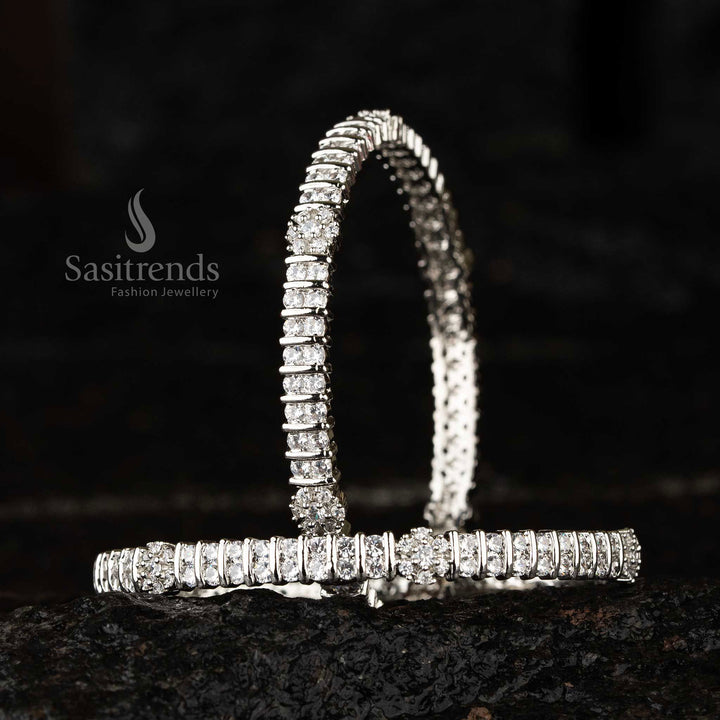 Elegant Round American Diamond Studded Bangles Featuring Delicate Flower Motif Design, Perfect Traditional And Party Wear Jewellery For Women’s Festive And Wedding Outfits – Sasitrends
