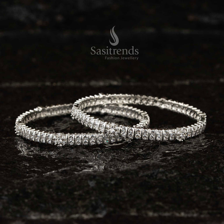 Elegant Round American Diamond Studded Bangles with Flower Motif  - Sasitrends