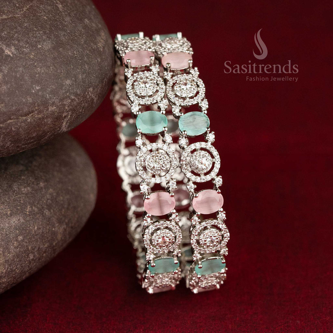 Rhodium Silver Plated American Diamond Bangles with Circular and Oval Settings - Sasitrends