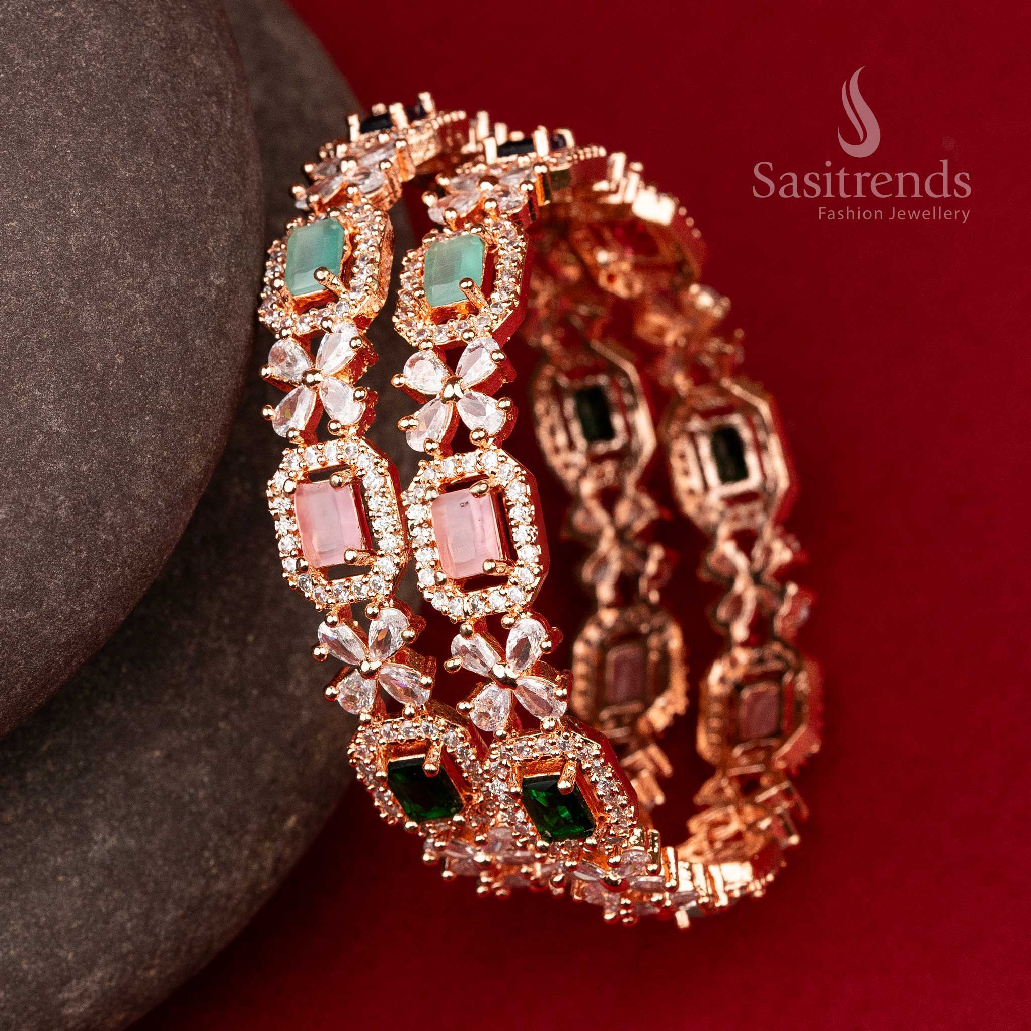 Rose Gold Plated Multi AD Stone Stud Flower Design Bridal Collection Bangles