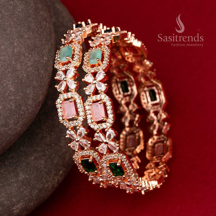 Rose Gold Plated Multi AD Stone Stud Flower Design Bridal Collection Bangles