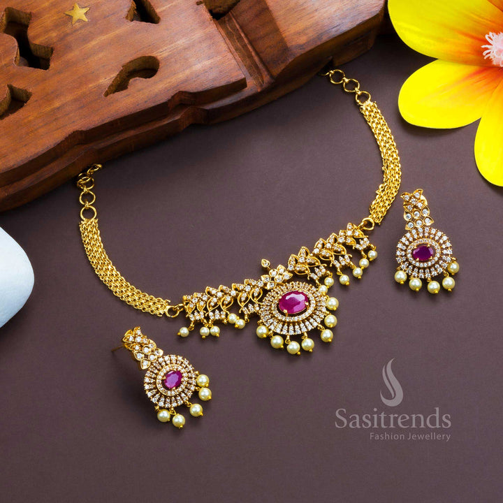 Grandeur-inspired ruby matte gold plated temple choker with American Diamond oval pendant, perfect for wedding wear and heritage elegance – Sasitrends

