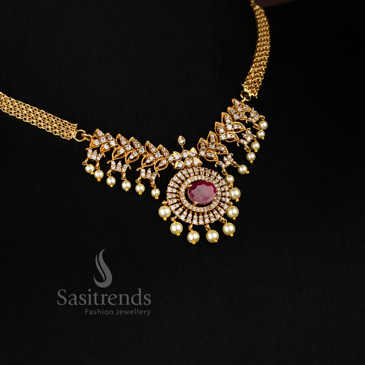 Chic Ruby -toned matte gold plated temple choker with eye-catching oval American Diamond pendant, ideal for ethnic party wear – Sasitrends