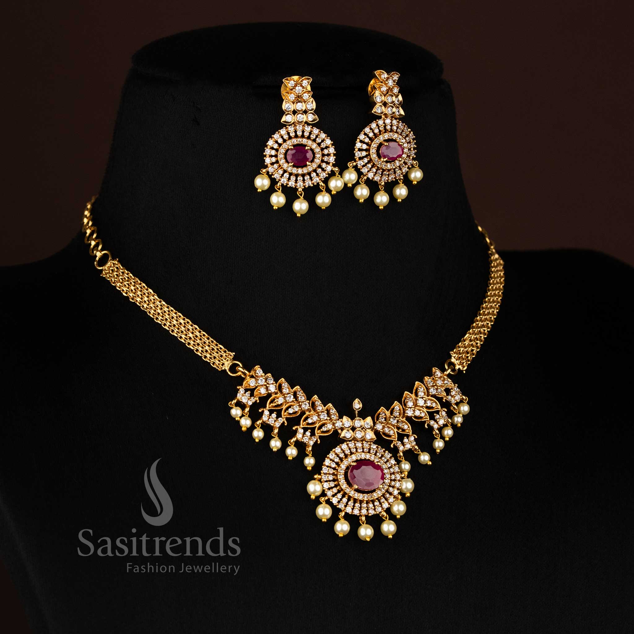 Temple Matte Gold Plated AD Choker with Oval Stone Pendant Necklace Jewellery Set for Women