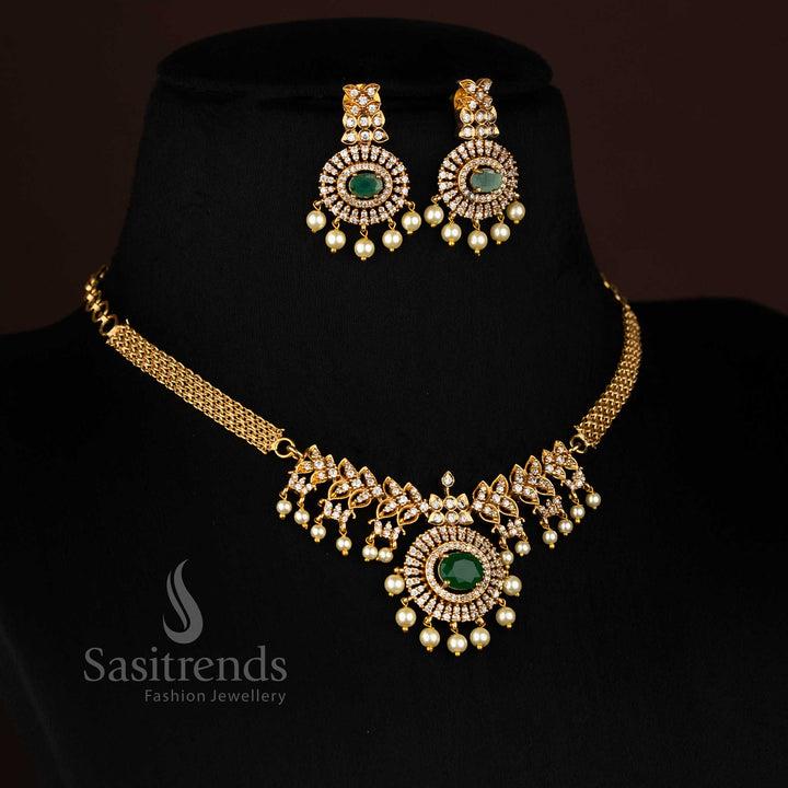 Green-toned matte gold plated temple choker with eye-catching oval American Diamond pendant, ideal for ethnic party wear – Sasitrends