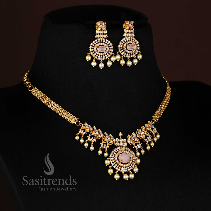 Pink-toned matte gold plated temple choker with eye-catching oval American Diamond pendant, ideal for ethnic party wear – Sasitrends