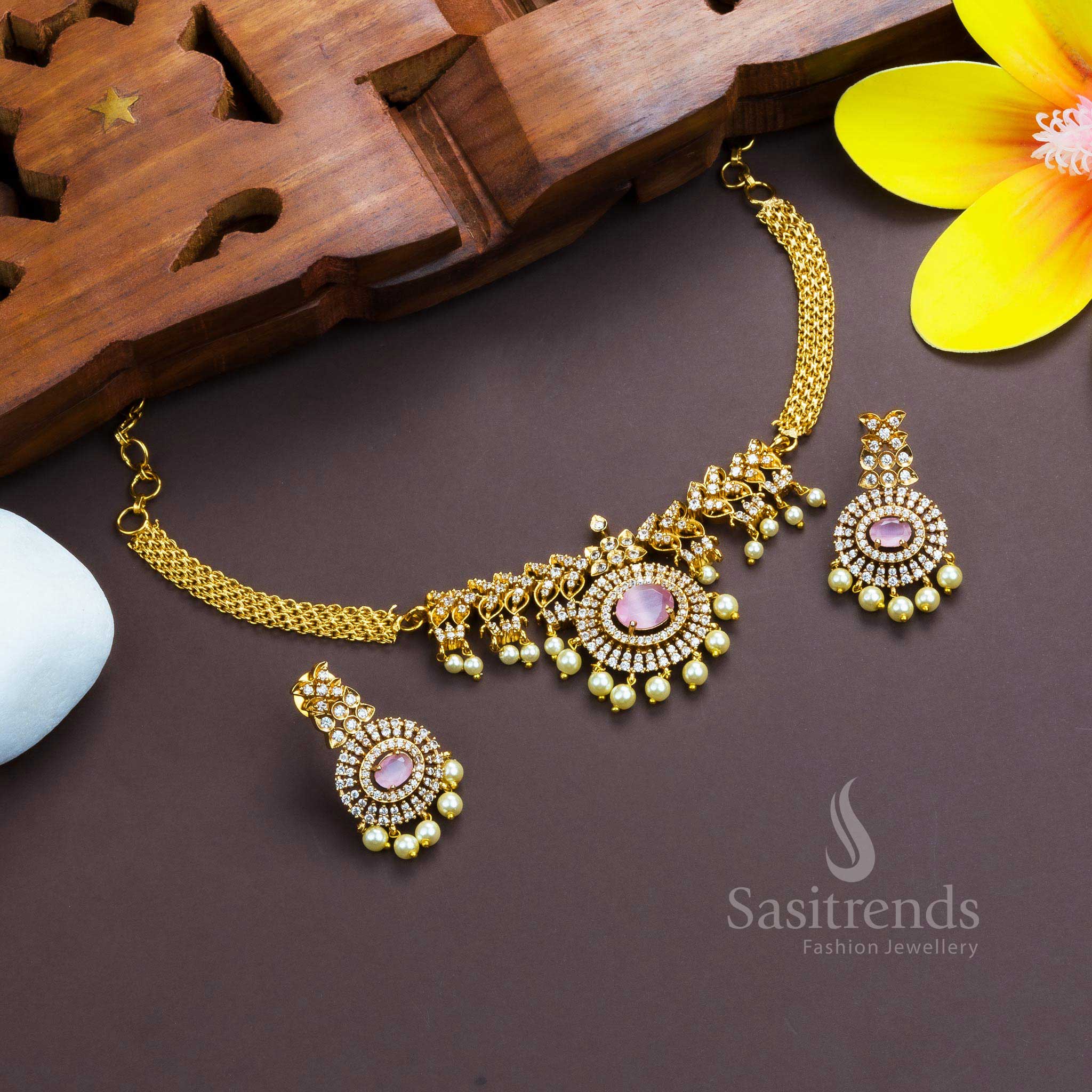 Elegant pink AD stone choker in matte gold temple finish with oval centre pendant, designed for traditional celebrations and festive flair – Sasitrends
