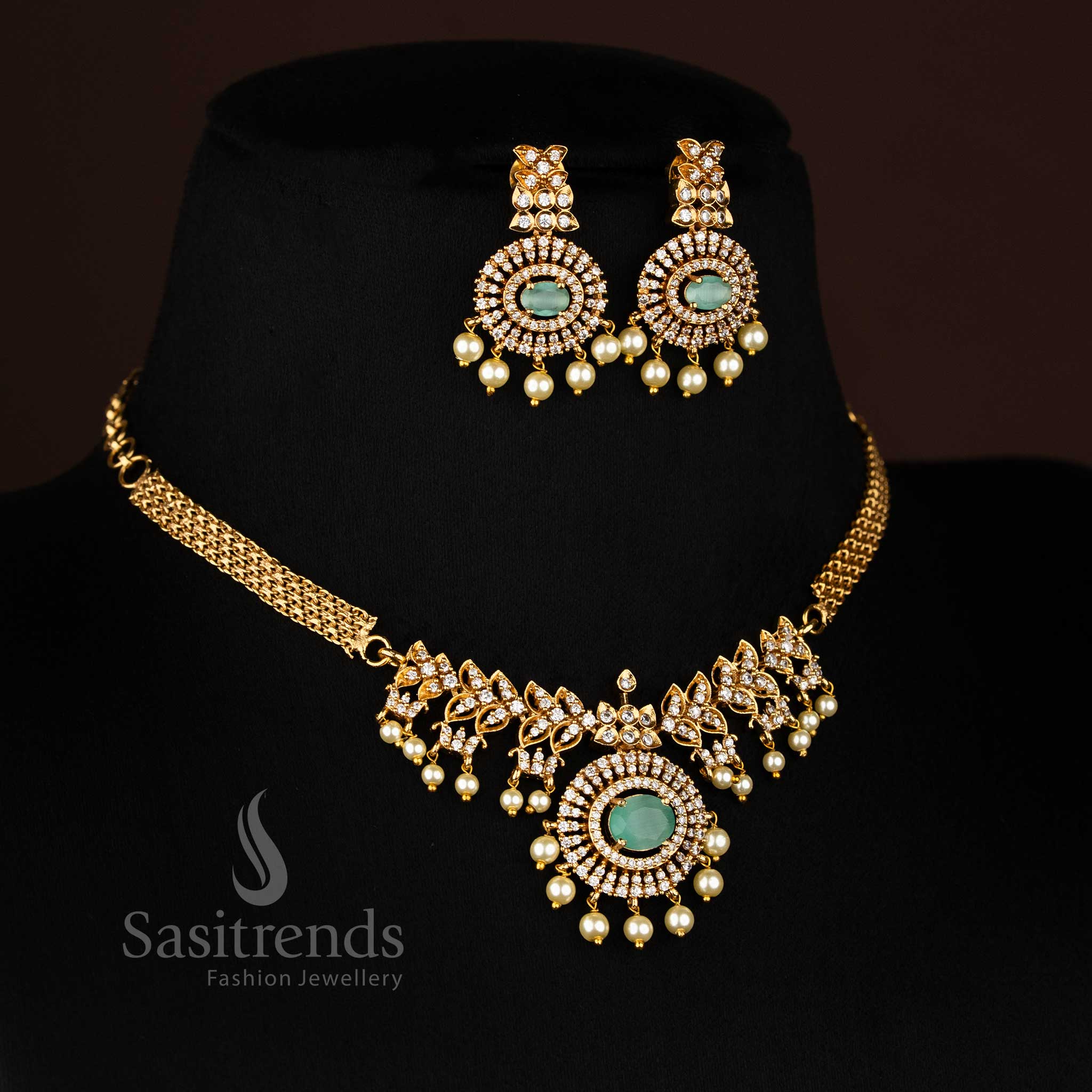 Mint-toned matte gold plated temple choker with eye-catching oval American Diamond pendant, ideal for ethnic party wear – Sasitrends