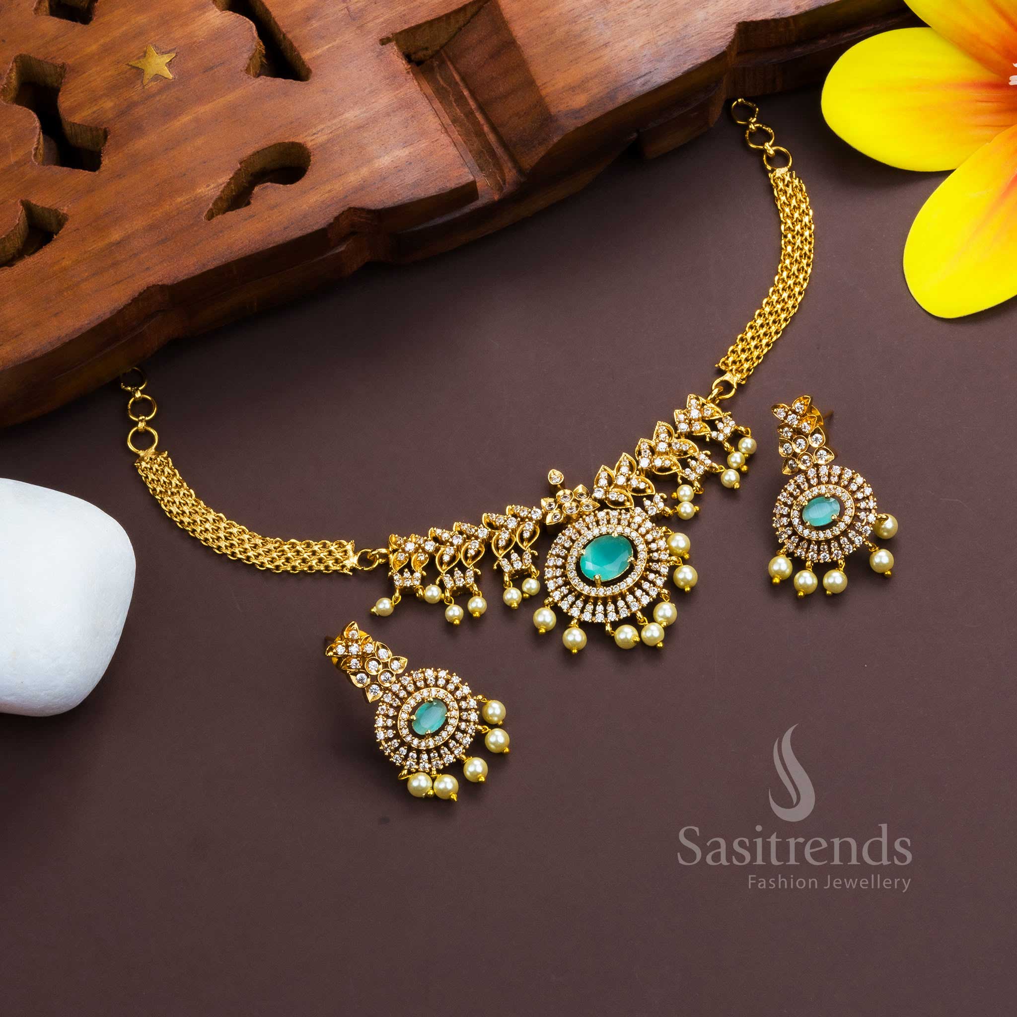 Chic mint-toned matte gold plated temple choker with eye-catching oval American Diamond pendant, ideal for ethnic party wear – Sasitrends