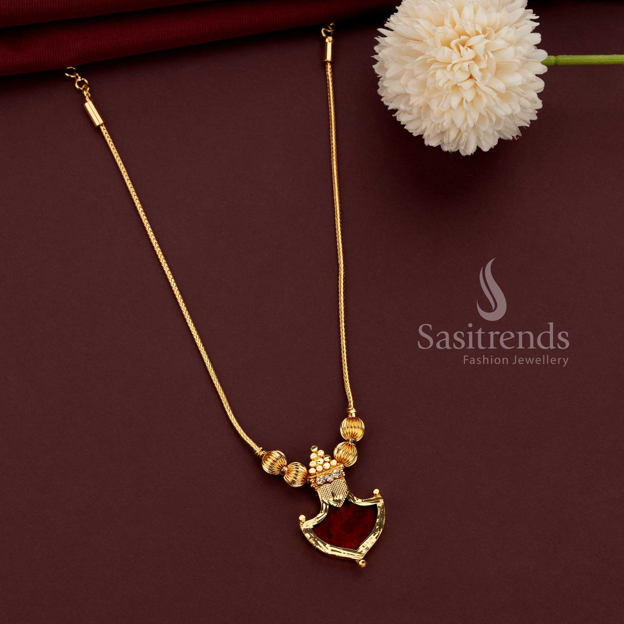 One Gram 24K Micro Gold Plated Kerala Palakka Pendant Necklace with Blue Palakka and Triangular Golden Balls - Sasitrends
