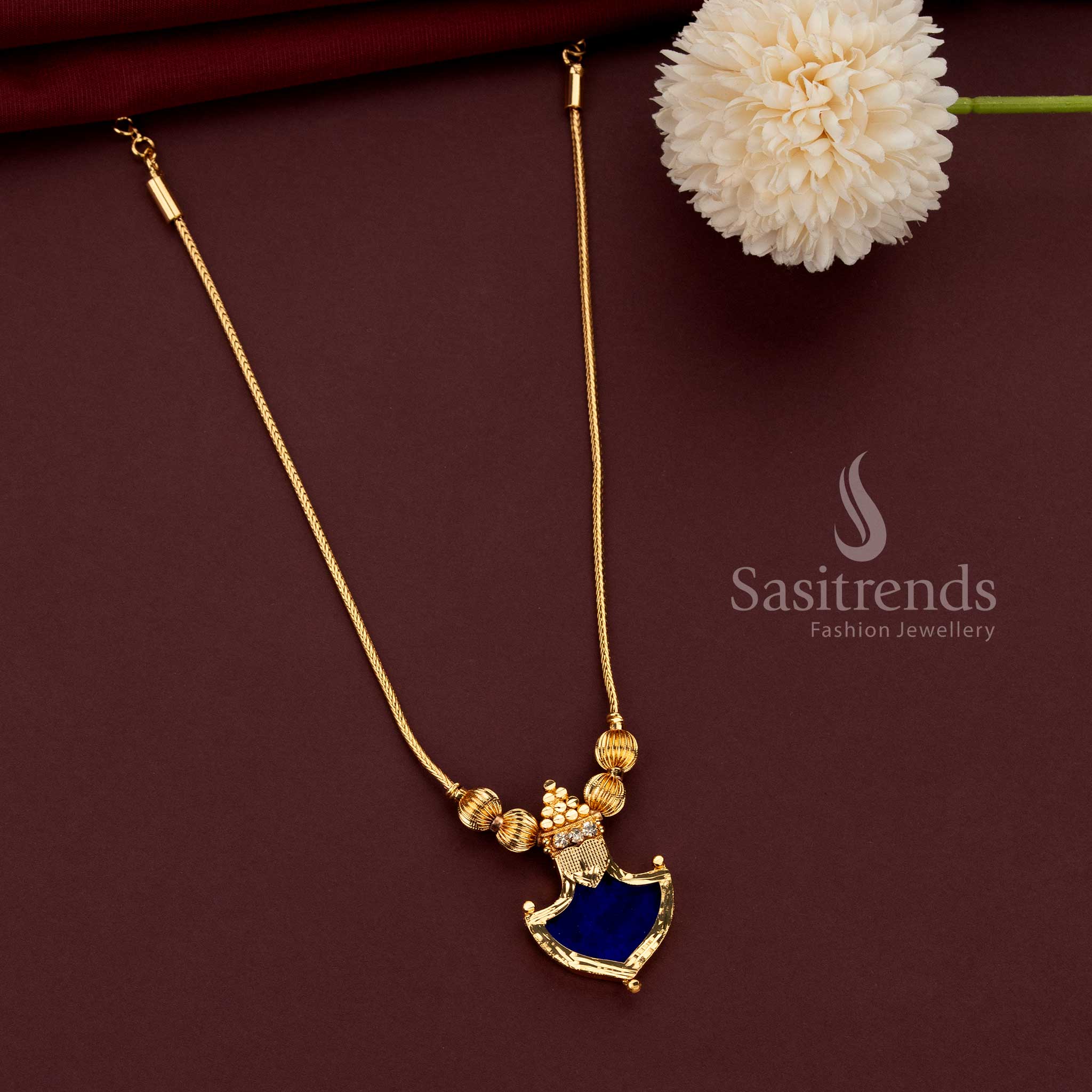 Stunning One Gram 24K Micro Gold Plated Kerala Palakka Pendant Necklace with Blue Palakka and Triangular Golden Balls - Sasitrends