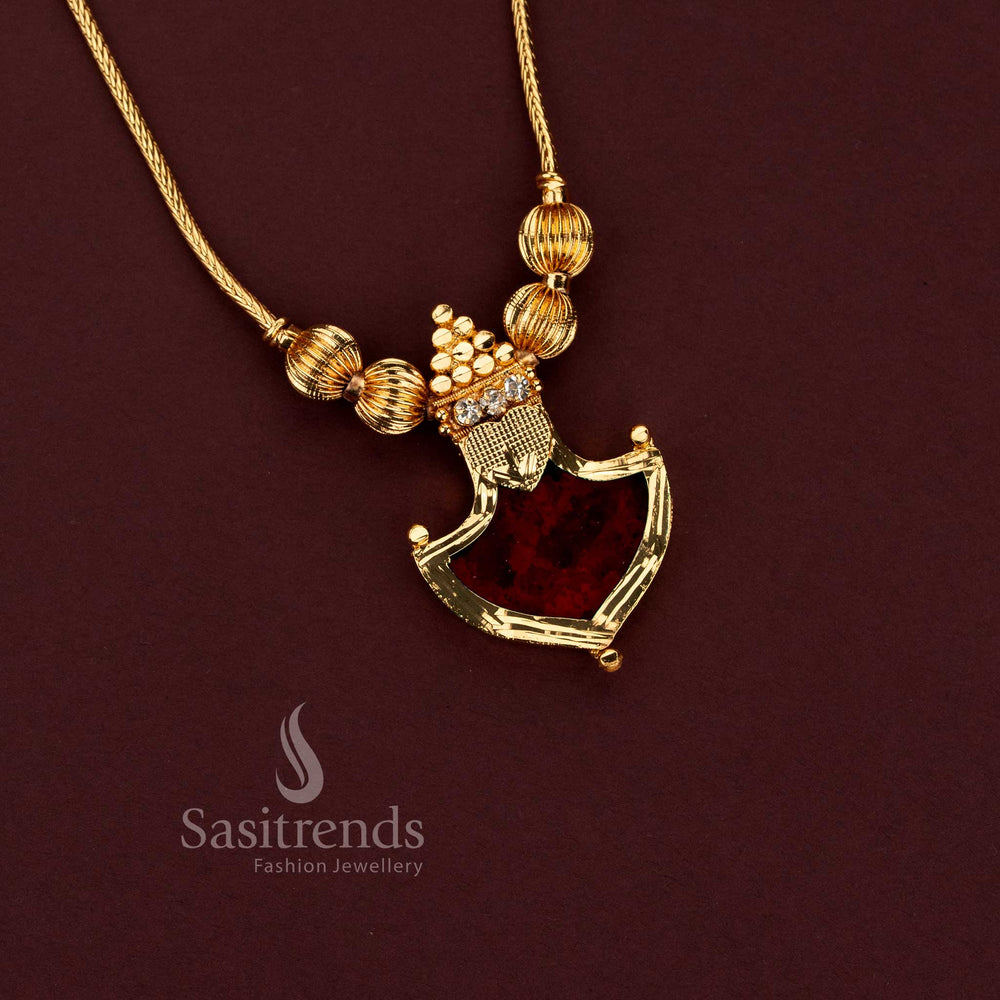 One Gram 24K Micro Gold Plated Kerala Palakka Pendant Necklace with Red Palakka and Triangular Golden Balls - Sasitrends