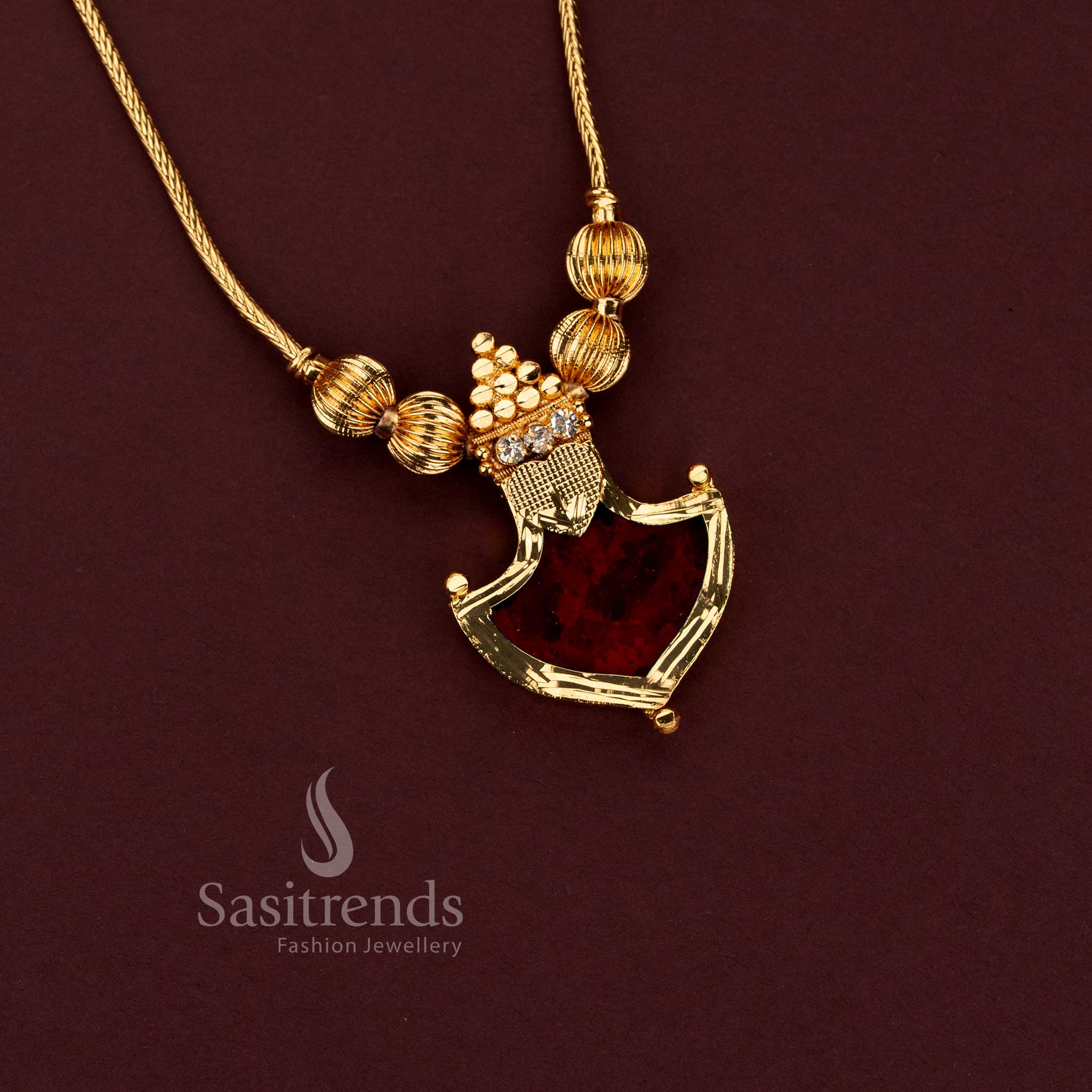 One Gram 24K Micro Gold Plated Kerala Palakka Pendant Necklace with Red Palakka and Triangular Golden Balls - Sasitrends