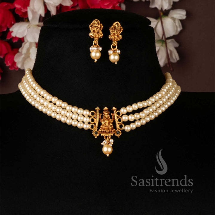 Ethereal Elegance: Classic Matte Gold Lakshmi Pendant Choker Necklace Set with Jhumka | Sasitrends