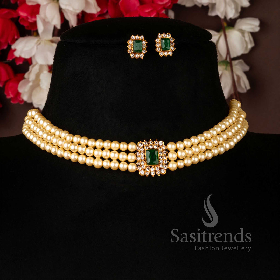 Traditional Classic Matt Gold Plated Three Line PearlChoker Necklace With Earrings - Sasitrends