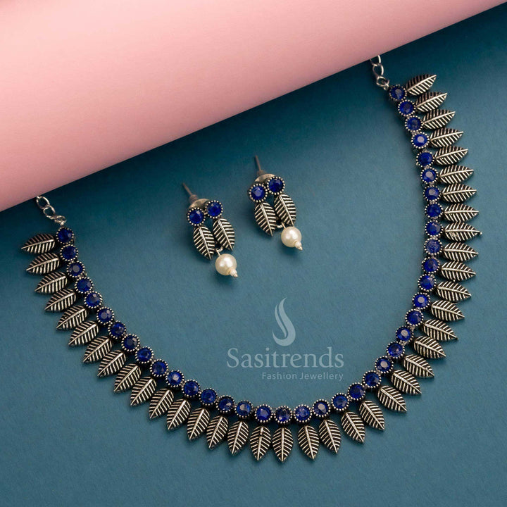 Blue oxidised jewellery set with stylish leaf design necklace and matching earrings – perfect for casual ethnic wear – Sasitrends

