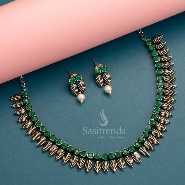 Green oxidised necklace jewellery set with leafy designs and matching earrings for vibrant ethnic flair – Sasitrends