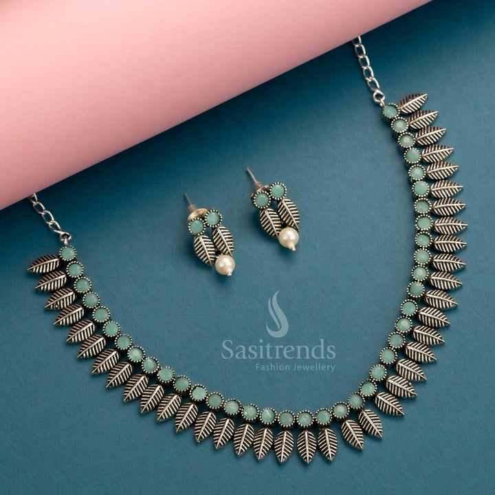 Pastel mint oxidised necklace with trendy leafy design and lightweight matching earrings for modern styling – Sasitrends