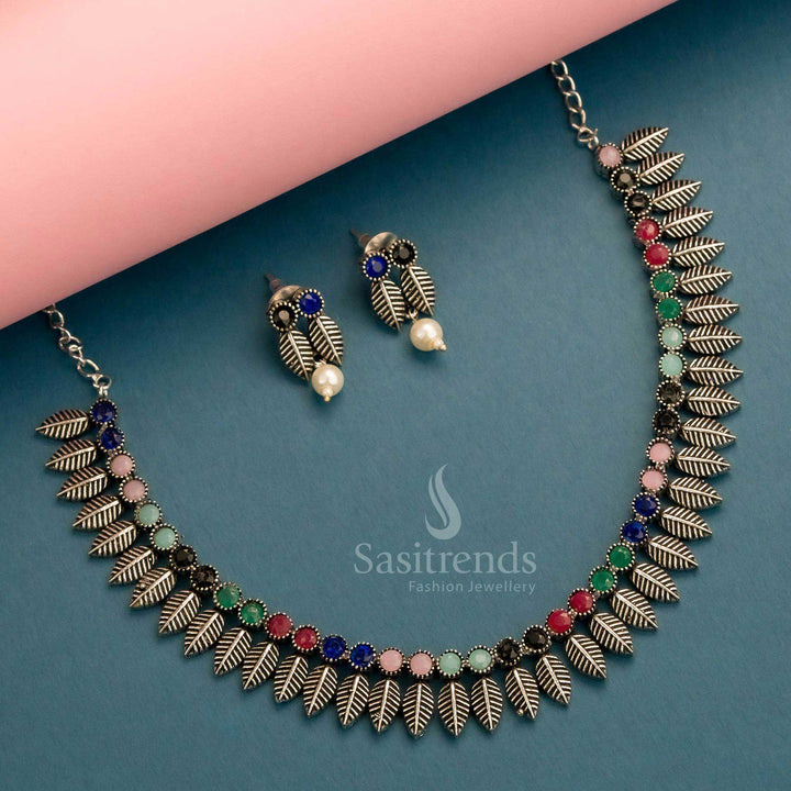 Bright and festive multicolour oxidised necklace with unique leaf design and colourful earrings – Sasitrends