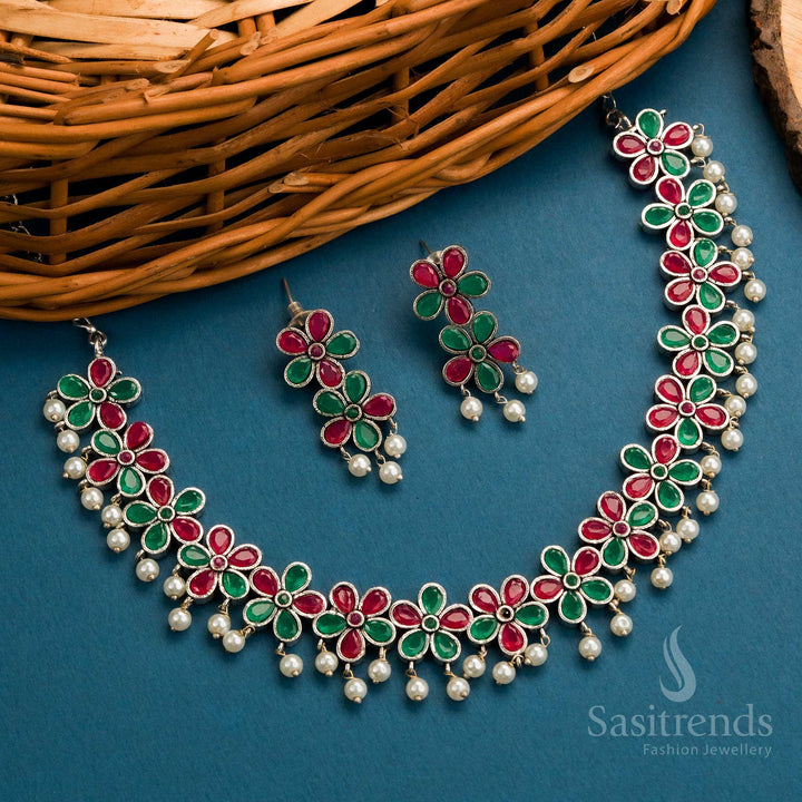 Ruby and green oxidised floral necklace jewellery set with stones, pearls, and festive earrings – Sasitrends