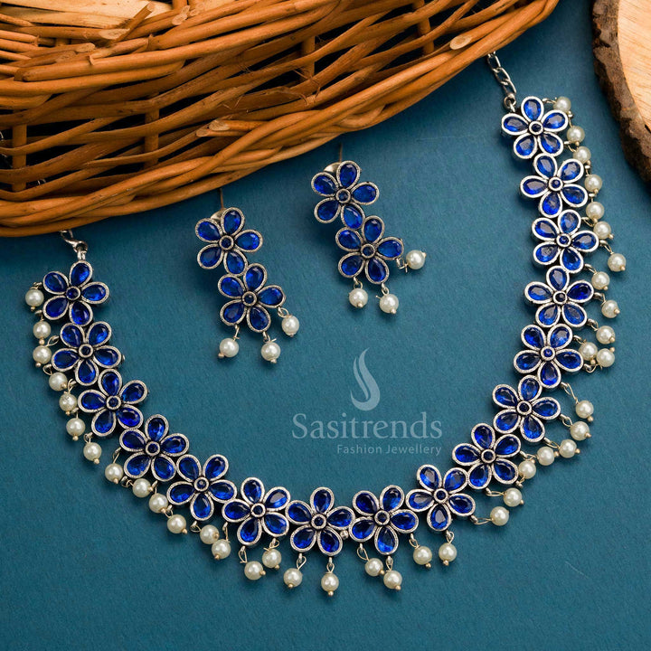 Blue oxidised floral necklace jewellery set with pearl embellishments and matching earrings – Sasitrends

