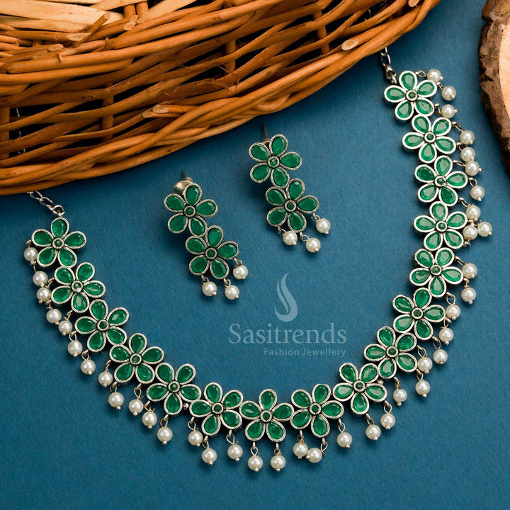 Green oxidised necklace jewellery set with floral stones, pearl drops and matching earrings – Sasitrends