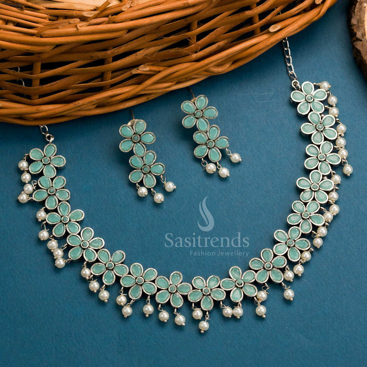 Pastel mint oxidised necklace with floral stone patterns, pearl accents and traditional earrings – Sasitrends