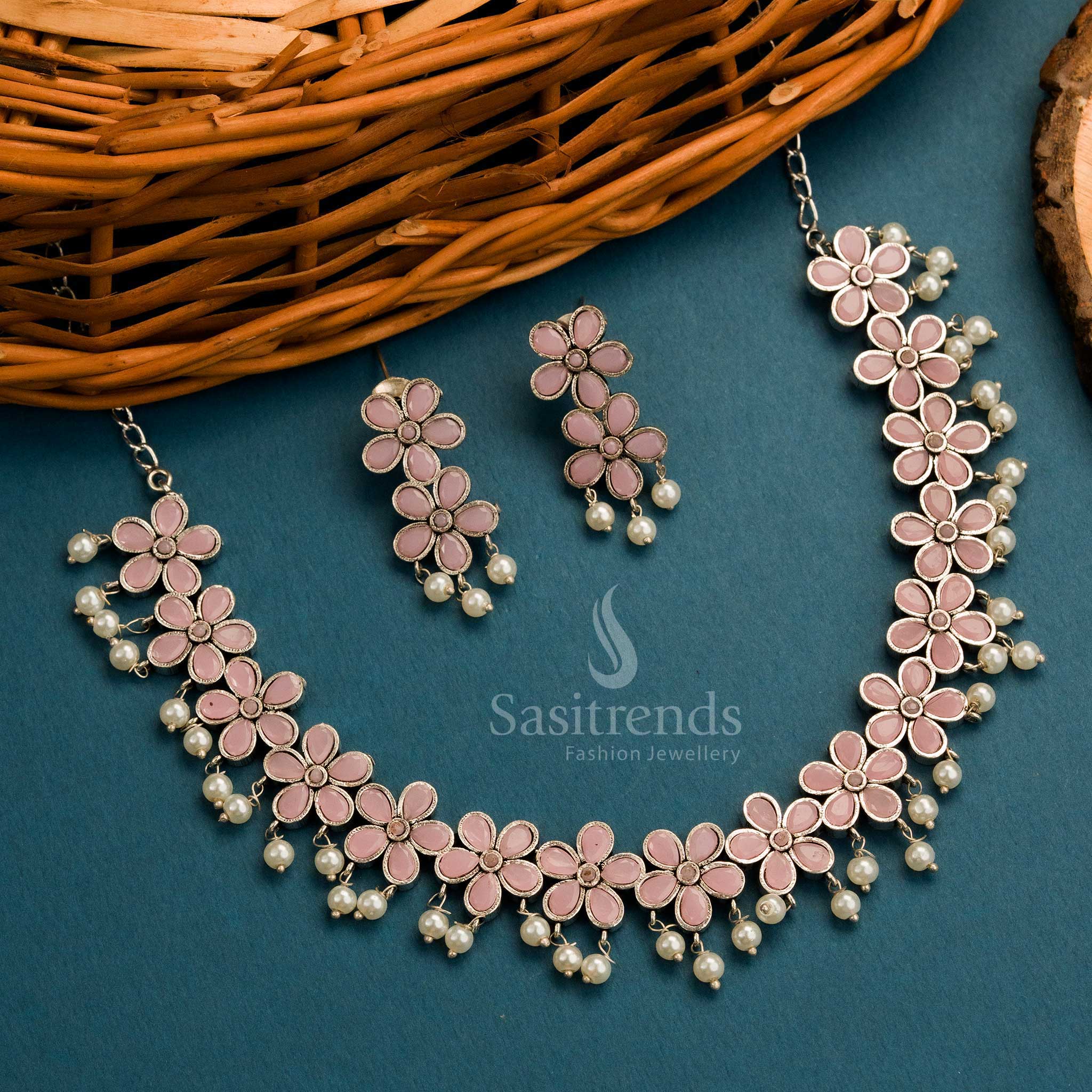 Soft pink oxidised necklace set with floral pearl details and earrings for ethnic grace – Sasitrends